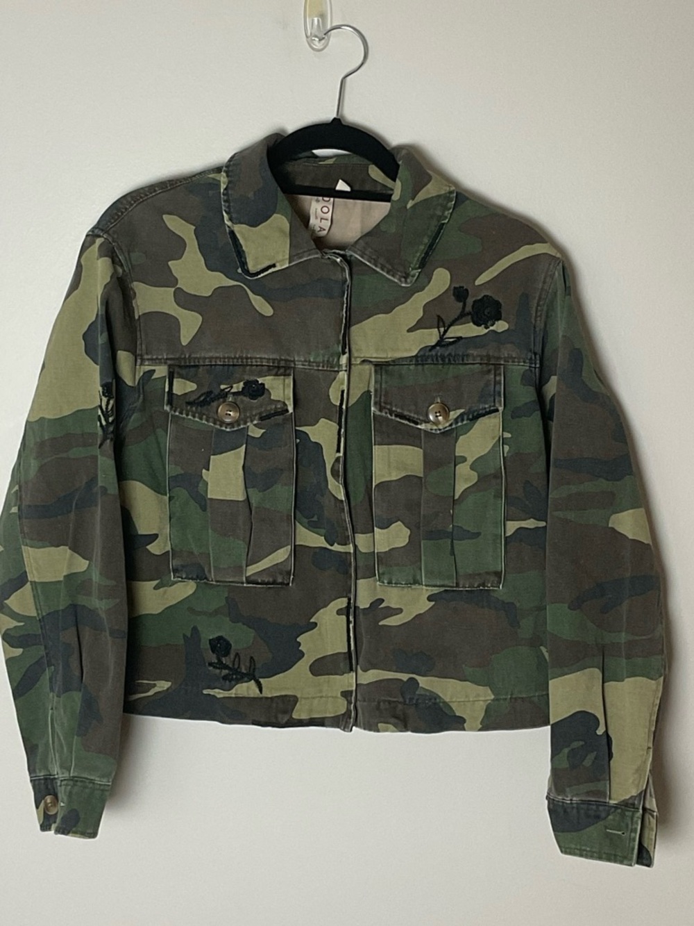 dolan Camouflage Jacket Black Embroidered Roses Hippie Festival Military Size M